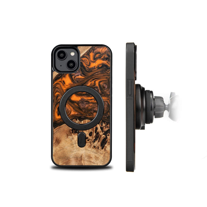 Wood and resin case for iPhone 15 Plus MagSafe Bewood Unique Orange - orange and black