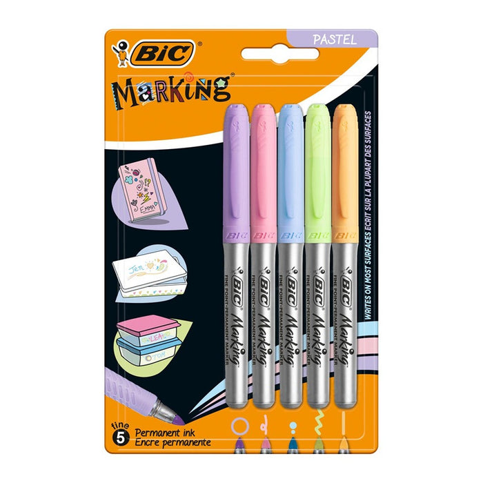 PERM. MARKER 5 COLOR PASTEL INTENSITY FOR DIFFERENT SURFACES BIC