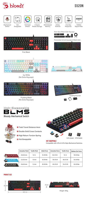 A4tech Bloody S520N Fire Black - BLMS Red Plus Switch Gaming Mechanical Keyboard