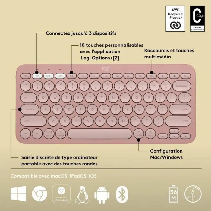 Bluetooth Keyboard with Support for Tablet Logitech K380 French Pink AZERTY - Електроника Периферни и резервни