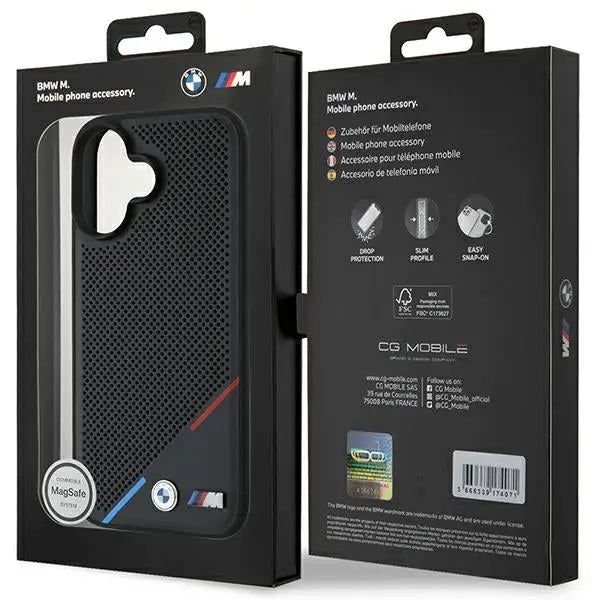 BMW M Perforated Tricolor Line MagSafe iPhone 16 Case - Black - Cell phone cases and covers<<<HurtelXML