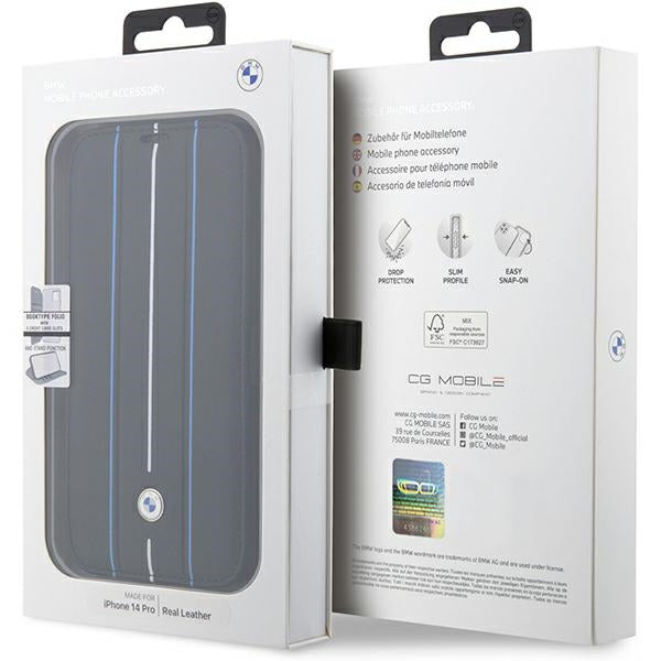 Case BMW BMBKP14L22RVSK iPhone 14 Pro 6.1" black/black bookcase Leather Stamp Blue Lines