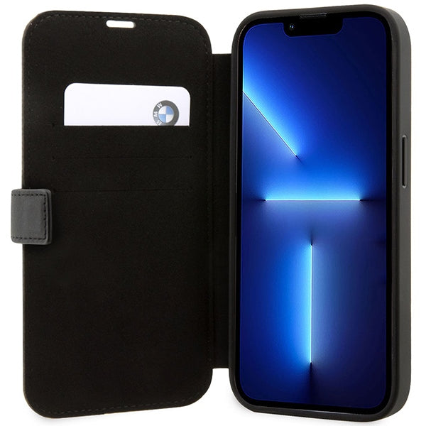 Case BMW BMBKP14X22RVSK iPhone 14 Pro Max 6.7" black/black bookcase Leather Stamp Blue Lines