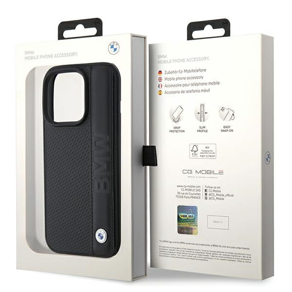 BMW Leather Textured &amp; Stripe iPhone 15 Pro Max Case - Black