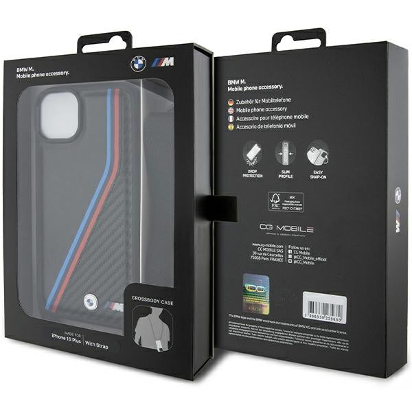 BMW M Edition Carbon Tricolor Lines &amp; Strap case for iPhone 15 Plus / 14 Plus - black