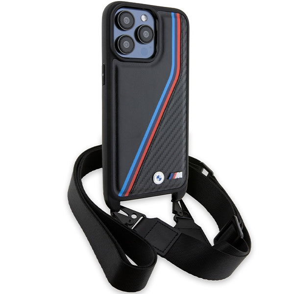 BMW M Edition Carbon Tricolor Lines &amp; Strap case for iPhone 15 Pro Max - black