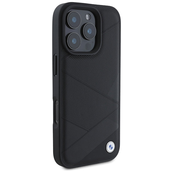 BMW Signature Leather Crossing Lines Pattern iPhone 16 Pro Case - Black