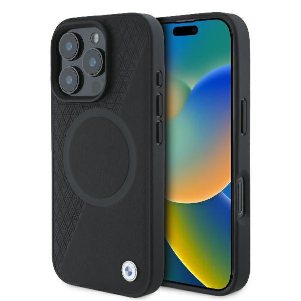 BMW Signature Leather Half Textured &amp; Circle MagSafe case for iPhone 16 Pro - black