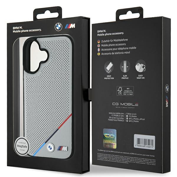 BMW M Perforated Tricolor Line MagSafe iPhone 16 Case - Gray