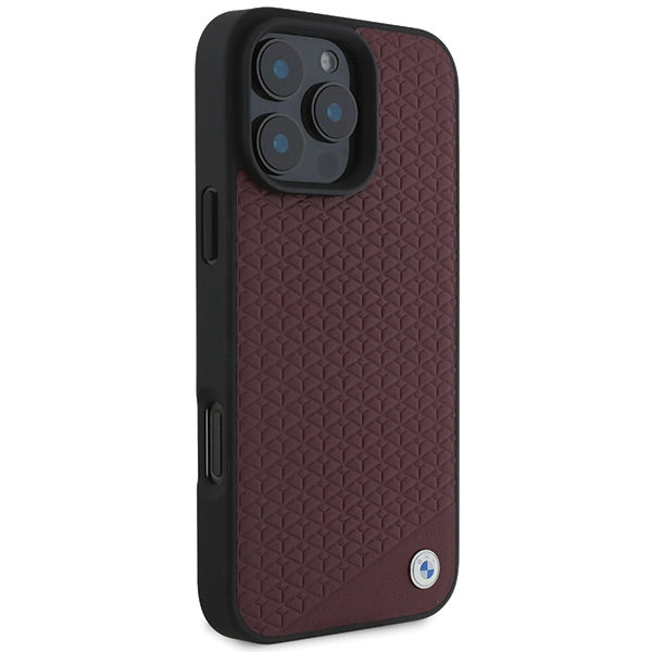 BMW Sign Leather Diamond Metal Logo MagSafe Case for iPhone 16 Pro Max - Red