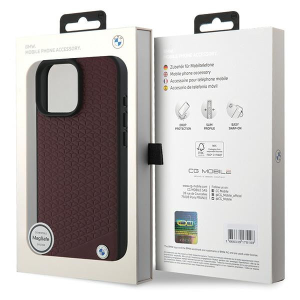 BMW Sign Leather Diamond Metal Logo MagSafe Case for iPhone 16 Pro Max - Red