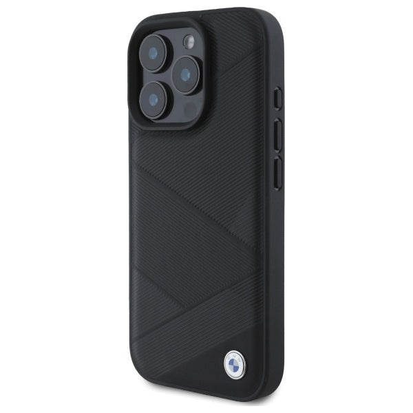 BMW Sign Leather Crossing Lines Pattern iPhone 16 Pro Max Case - Black
