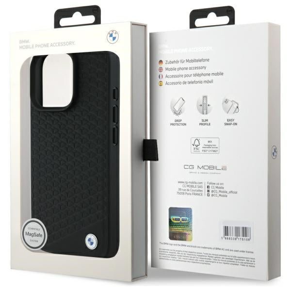BMW Sign Leather Diamond Metal Logo MagSafe iPhone 16 Pro Case - Black