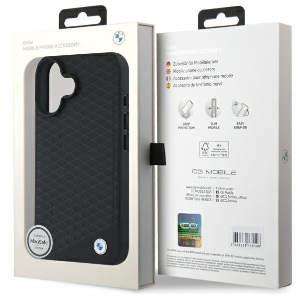 BMW Sign Leather Diamond Metal Logo MagSafe iPhone 16 Case - Black