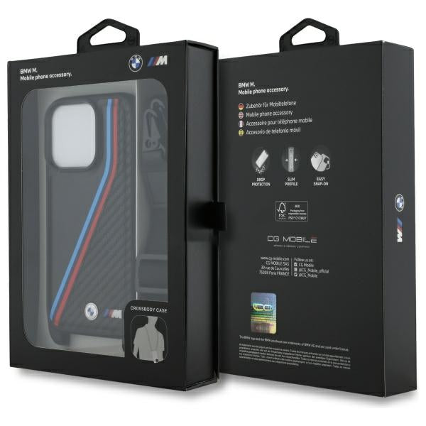 BMW M Edition Carbon Tricolor Lines &amp; Strap Case for iPhone 16 Pro Max - Black