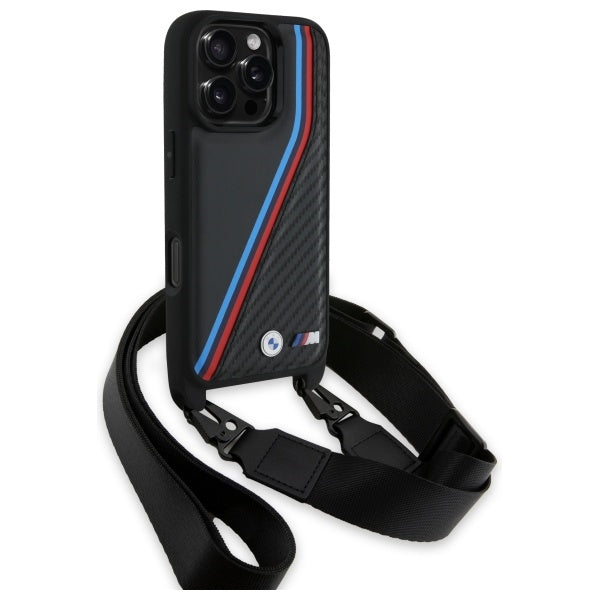 BMW M Edition Carbon Tricolor Lines &amp; Strap Case for iPhone 16 Pro Max - Black