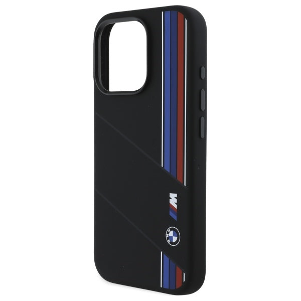 BMW Silicone Cut Tricolor Lines MagSafe Case for iPhone 16 Pro - Black