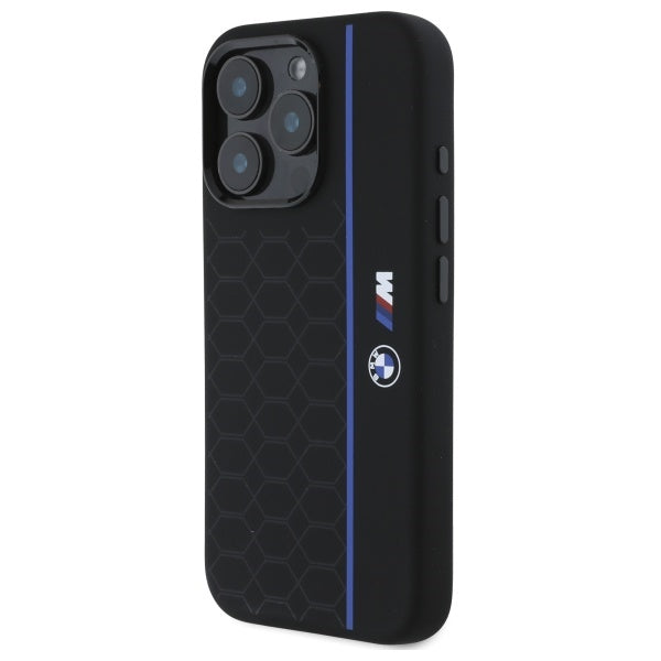 BMW Silicone Hexagon Blue Line MagSafe iPhone 16 Pro Case - Black