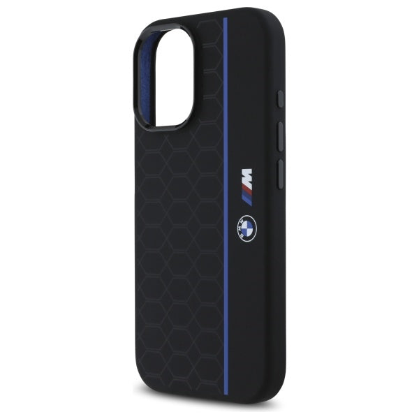 BMW Silicone Hexagon Blue Line MagSafe iPhone 16 Case - Black