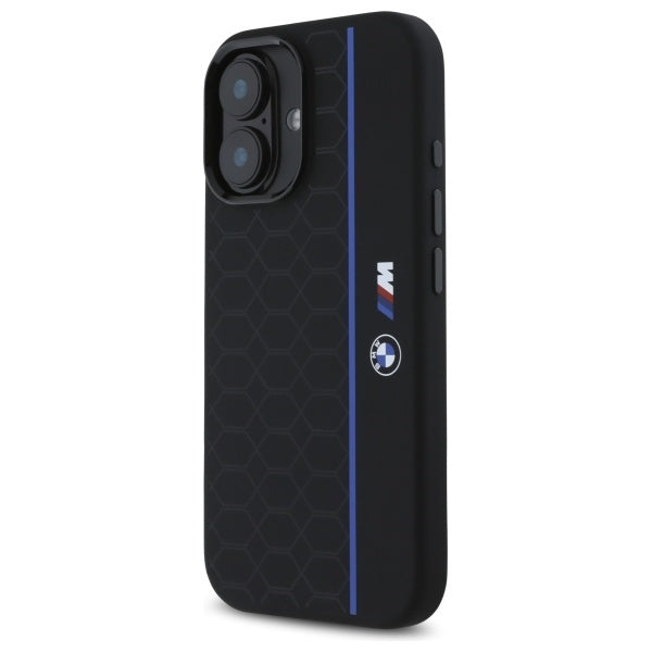 BMW Silicone Hexagon Blue Line MagSafe iPhone 16 Case - Black