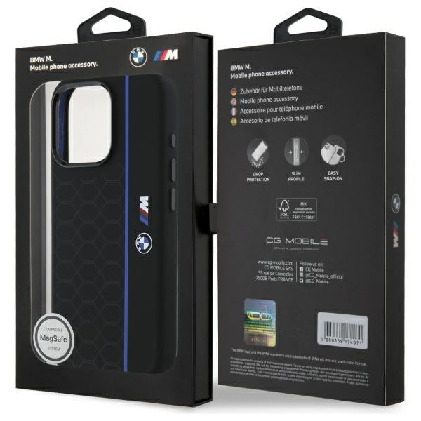 BMW Silicone Hexagon Blue Line MagSafe Case for iPhone 16 Pro Max - Black