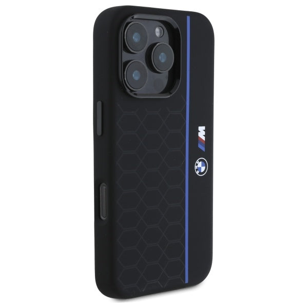 BMW Silicone Hexagon Blue Line MagSafe Case for iPhone 16 Pro Max - Black