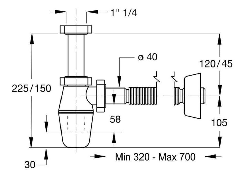 SINK TRAP WITH FLEXIBLE CONNECTION 1 1/4Ф40
