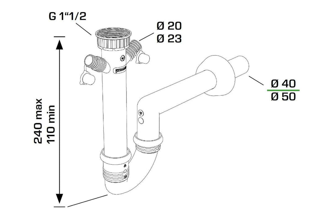 SINK TRAP 1 1/2 Ф40 WITH 2 RING SPOUTS