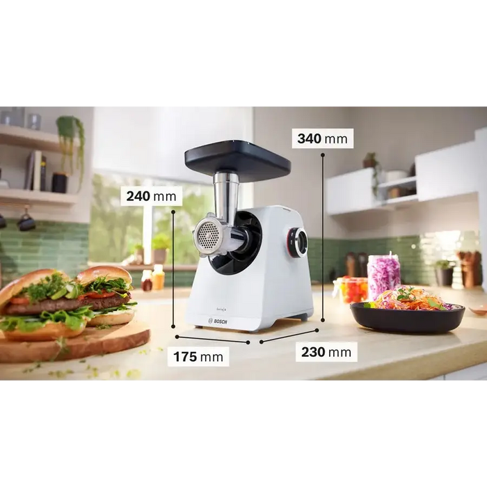 Bosch MFWS420W Meat mincer - MultiPower 1900 W Planetary gearbox 2,5 kg/min kebbe attachment sausage attachment reverse