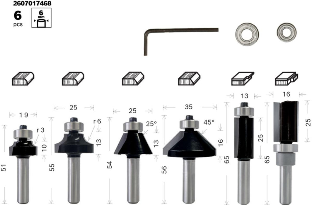 Multipurpose router bit set BOSCH 6 mm 6 Pieces