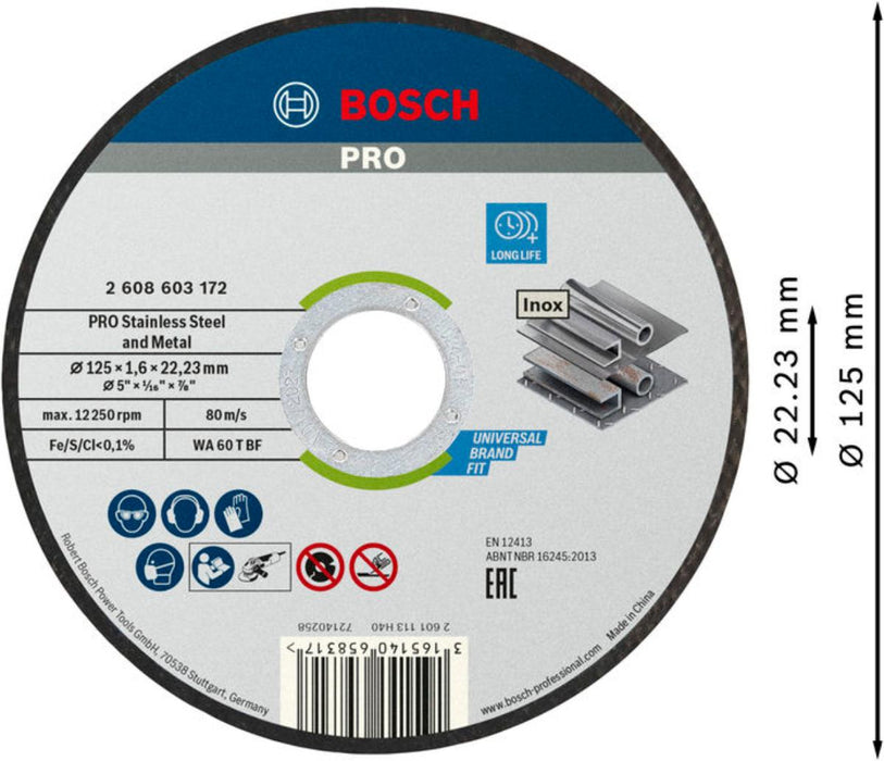 DISC FOR STAINLESS STEEL F125X1.6MM 10PCS BOSCH