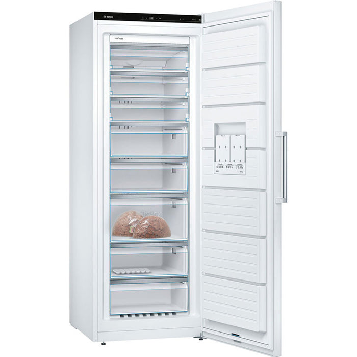 Bosch GSN58AWEV SER6 FS upright freezer, NoFrost, D, 191/70/65cm, 366l, 39dB(C), IC, 5 drawers (1 BigBox), 3 shelfs, handle, white