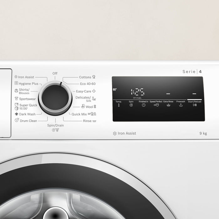 Bosch WAN2826NBY, SER4, Washing machine 9kg, A, 1400rpm, 51/72dB(A), Iron Assist, waveDrum 65l, 7 options, Rinse Plus, silver-blackgrey door