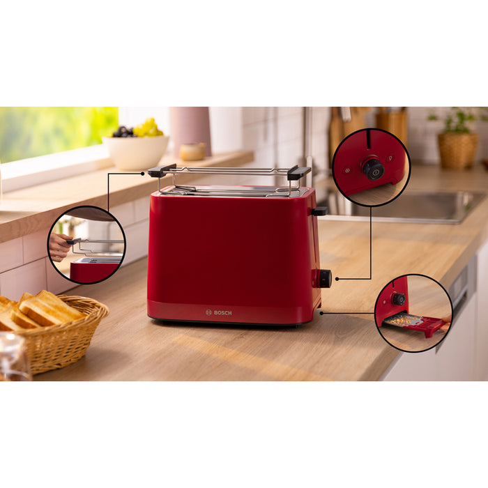 Bosch TAT3M124, MyMoment Compact toaster, 950 W, Auto power off, Defrost and reheat setting, Removable and foldable bun attachment, High lift, Deep Red