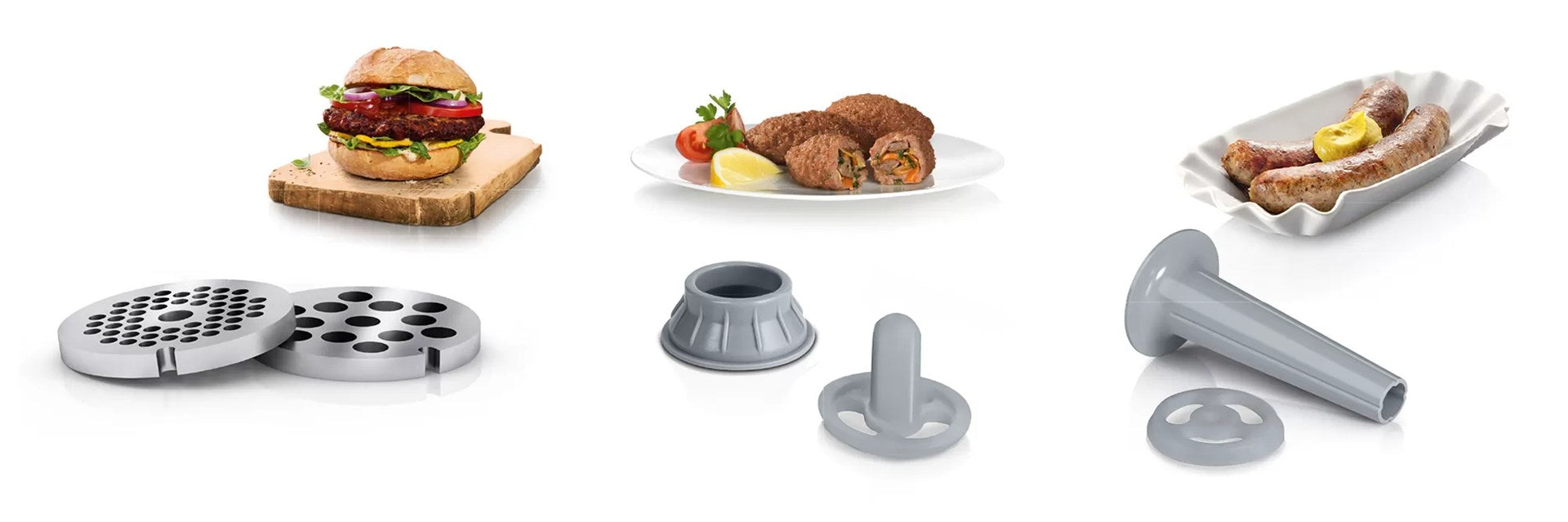 Bosch MFW2520W, Meat mincer, SmartPower Meat mincer from SmartPower range: 1500W, 1,7 kg/min, 2 sieves, 1 sausage horn, kebbe attachment, no reverse, white