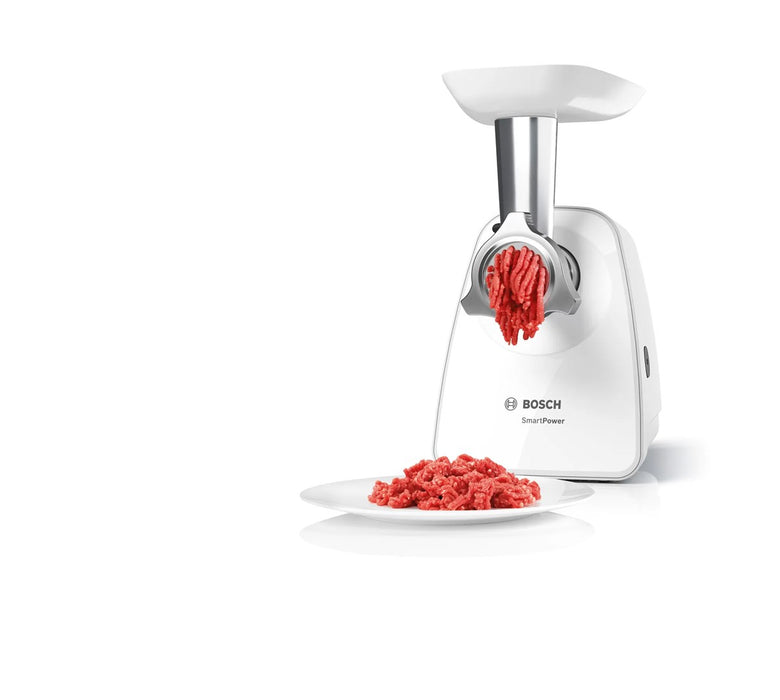 Bosch MFW2520W, Meat mincer, SmartPower Meat mincer from SmartPower range: 1500W, 1,7 kg/min, 2 sieves, 1 sausage horn, kebbe attachment, no reverse, white