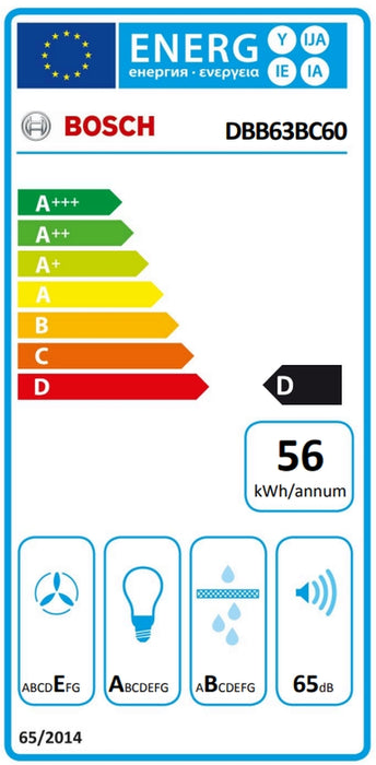Bosch DBB63BC60, SER2, Integrated box hood 60cm D, max 384m3/h, 65dB, 3 speeds, CoP E, Grease eff. 89,3%(B), Push button control, Matt black