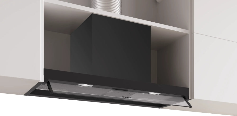 Bosch DBB85CC60, SER4, Integrated box hood 80cm B, max 582m3/h, 65dB, 3 speeds, CoP B, Grease eff. 91%(B), Glass panel, Push buttons, Matt black