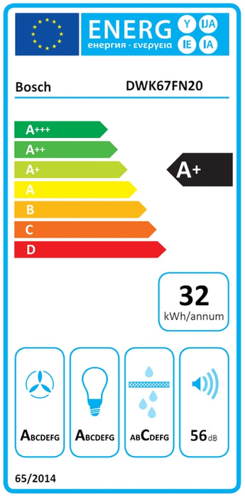 Bosch DWK67FN20, SER4, Wall hood 60 cm, A+, EcoSilence Drive, Alexa voice control, transparent glass, white print, max 431 m3/h, 56 dB, HC