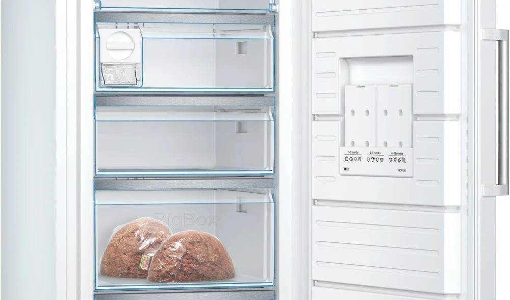 Bosch GSN54AWDV SER6 FS upright freezer, NoFrost, D, 176/70/65cm, 328l, 38dB(C), IC, 5 drawers (1 BigBox), 2 shelfs, IceTwister, handle, white