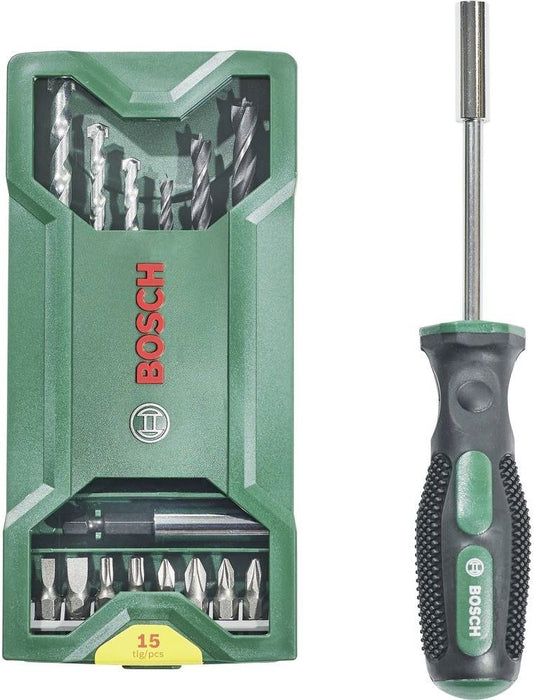 BOSCH DRILL, BITS AND SCREWDRIVER SET 15 PCS