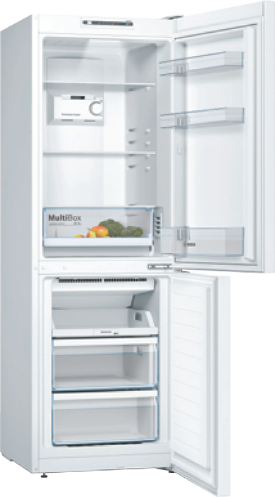 Bosch KGN33NWEB, SER2, FS fridge-freezer NoFrost, E, 176/60/66cm, 282l(193+89), 42dB(D), MultiBox, white, HolidayMode