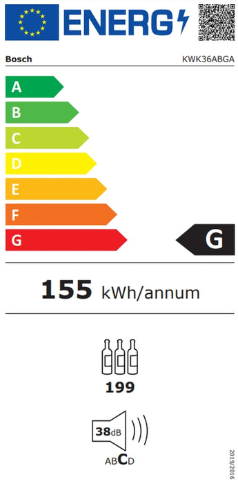 Bosch KWK36ABGA SER6 Wine display case with glass door, G, 186 x 60 x 61 cm, Number of shelves - 10, Capacity for bottles of 750 ml - 199, Temperature range (° C) - 7-19 ° C, 38 dB (A), Number of temperature zones - 2