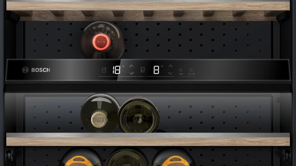 Bosch KWK36ABGA SER6 Wine display case with glass door, G, 186 x 60 x 61 cm, Number of shelves - 10, Capacity for bottles of 750 ml - 199, Temperature range (° C) - 7-19 ° C, 38 dB (A), Number of temperature zones - 2