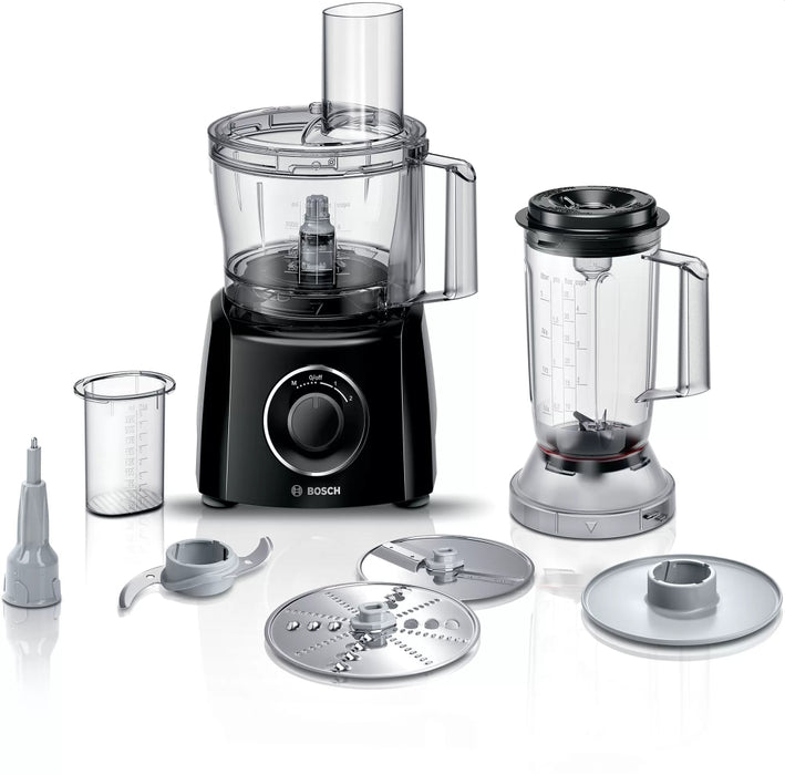 Bosch MCM3201B, Kitchen machine, MultiTalent 3, 800 W, BPA-free, plastic bowl 2.3 l , Double-sided stainless steel disc for cutting and planing, suitable for crushing ice, Dough attachment, black