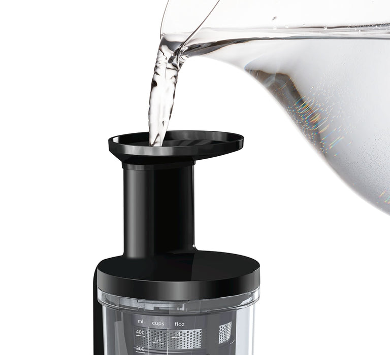 Bosch MESM500W, Slow juicer VitaExtract 150 W, 55 rpm, 1 speed + reverse function, tritan screw, MixControl lever, juice container 1 l, pulp container 1,3l, 2 filters (fine, coarse), white / black