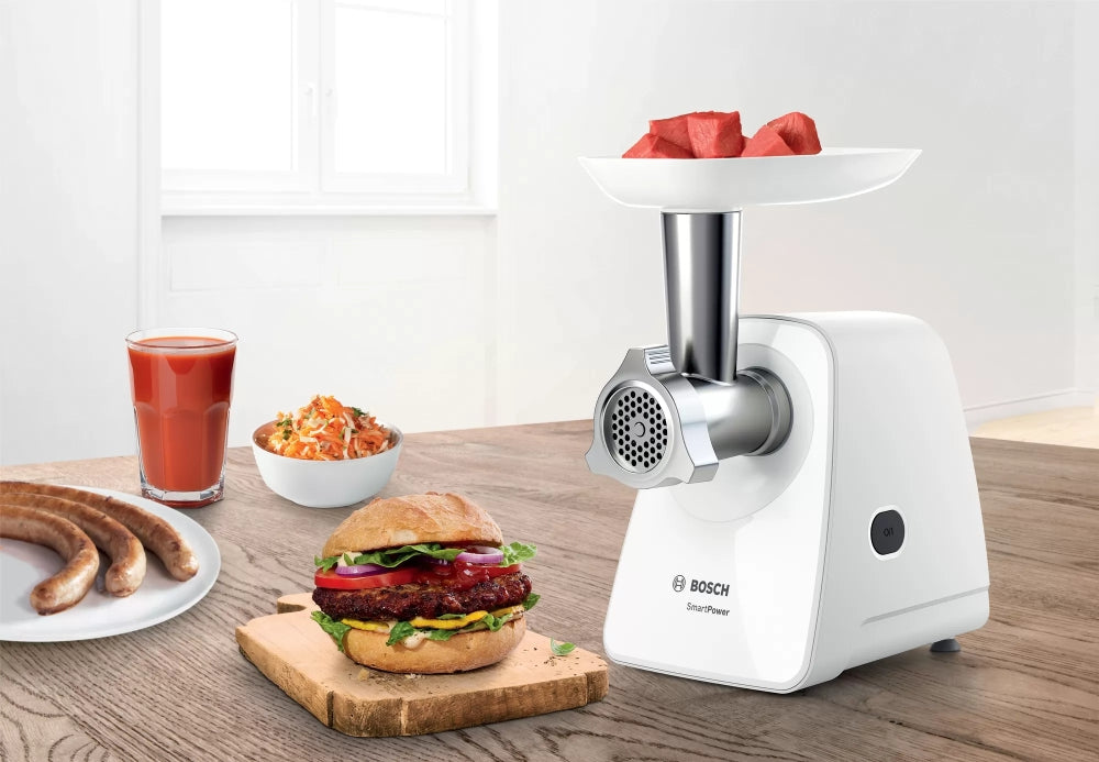 Bosch MFW2510W, Meat mincer, SmartPower Meat mincer from SmartPower range: 1500W, 1,7 kg/min, 2 sieves, 1 sausage horn, no reverse, white