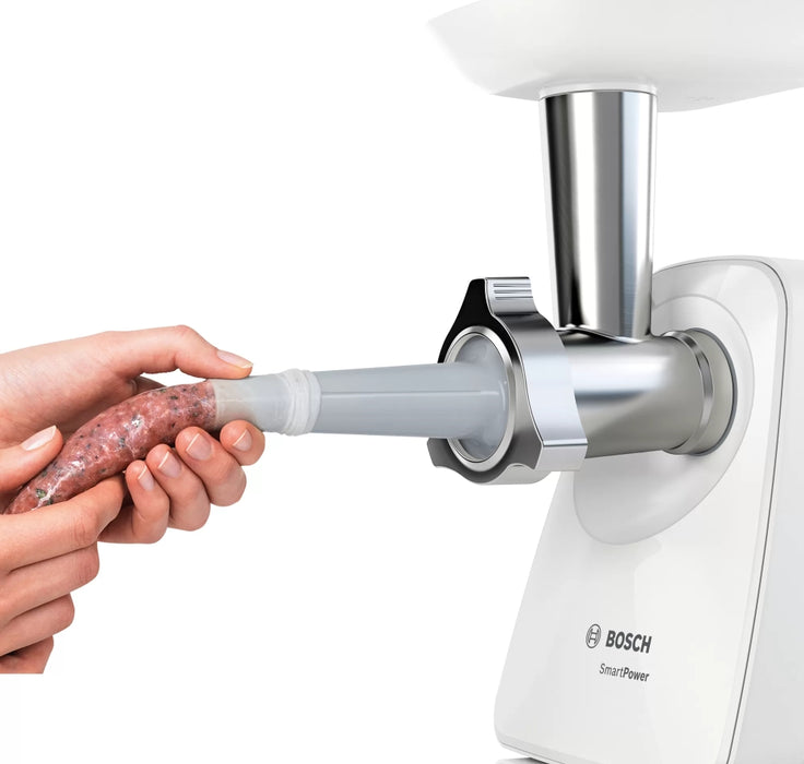 Bosch MFW2510W, Meat mincer, SmartPower Meat mincer from SmartPower range: 1500W, 1,7 kg/min, 2 sieves, 1 sausage horn, no reverse, white