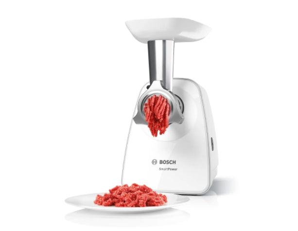 Bosch MFW2510W, Meat mincer, SmartPower Meat mincer from SmartPower range: 1500W, 1,7 kg/min, 2 sieves, 1 sausage horn, no reverse, white
