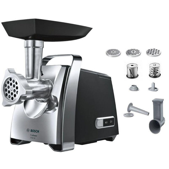 Bosch MFW67440, Meat mincer, ProPower 2000W, 3,5 kg/min, nr. 8, 3 sieves, kebbe attachment, shredder with 2 drums, reverse function